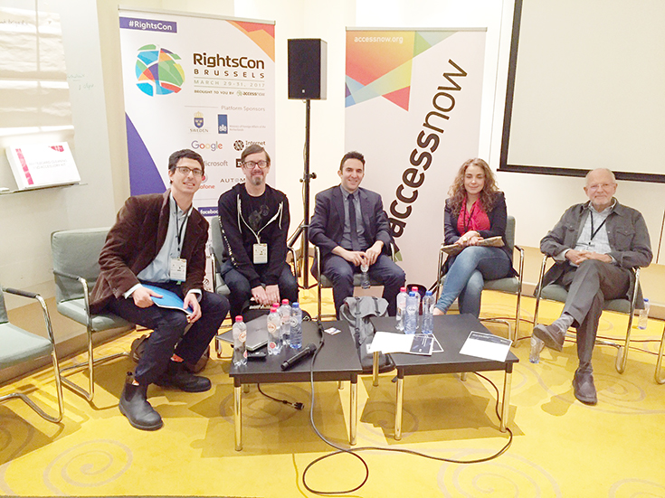 RightsCon: Defending consumer rights to affordable medication on the Internet (left to right: Gabriel Levitt, Jeremy Malcom, Andrew Goldman, Burcu Kilic, Paul Zickler)